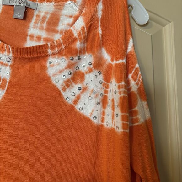 Roz & Ali Orange Lightweight Open Shoulder 3/4 Sleeve Sweater Size Large Preown - Picture 4 of 8